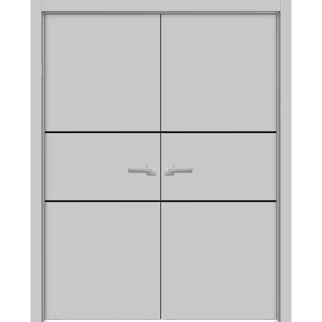 Solid French Double Doors 64 x 84 inches Grey Ash with Frosted Glass Wood Solid Panel Frame Trims D570