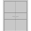 Solid French Double Doors 64 x 84 inches Grey Ash with Frosted Glass Wood Solid Panel Frame Trims D570