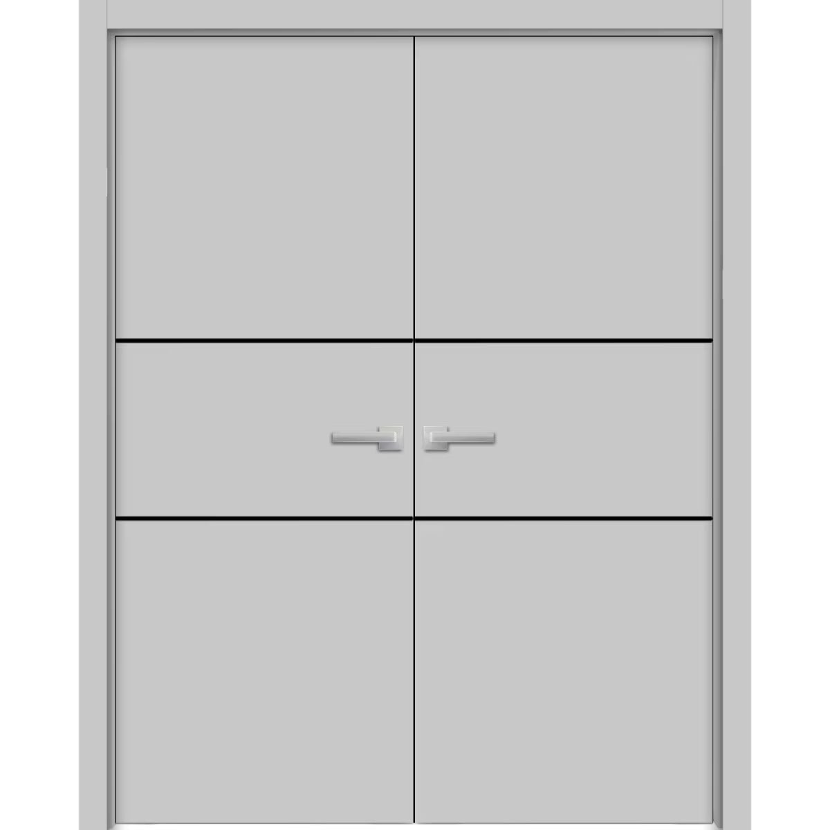 Solid French Double Doors 64 x 84 inches Grey Ash with Frosted Glass Wood Solid Panel Frame Trims D570