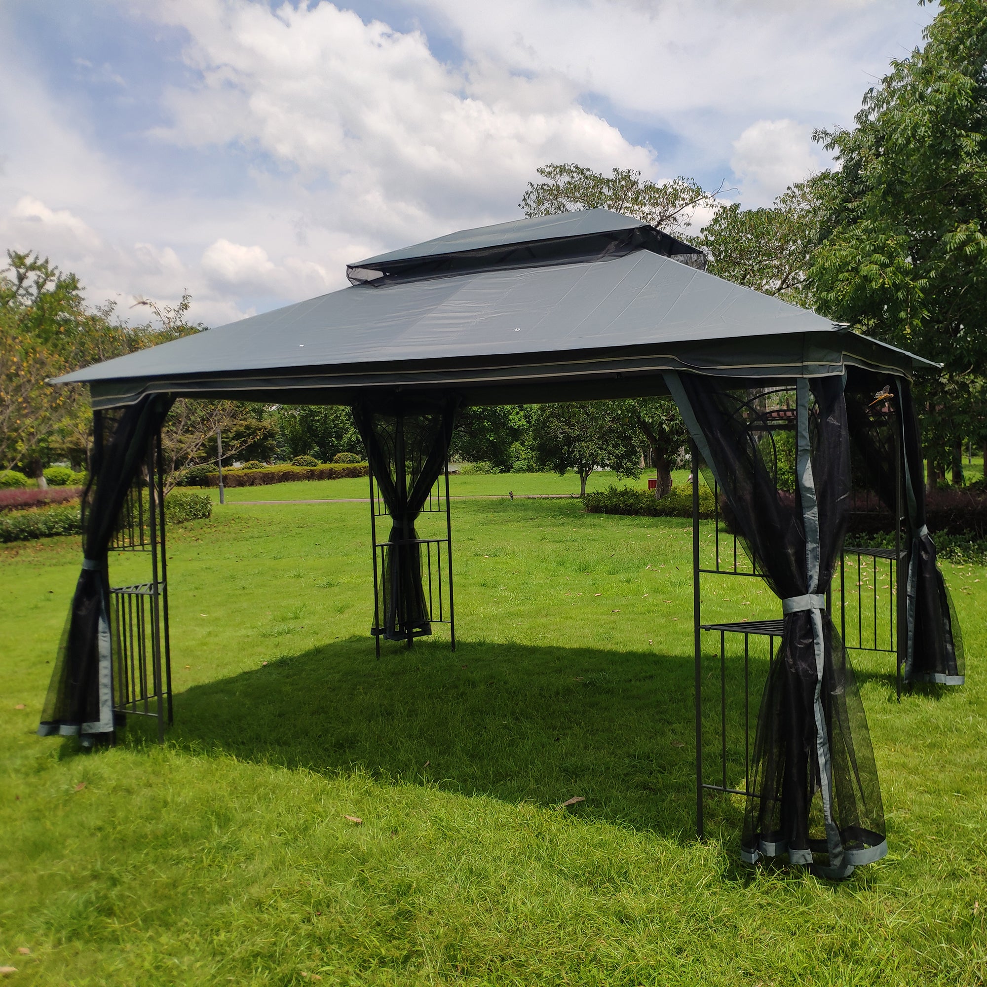 Gray Outdoor Patio Gazebo Canopy Tent with Ventilated Double Roof and Mosquito Net Q1215