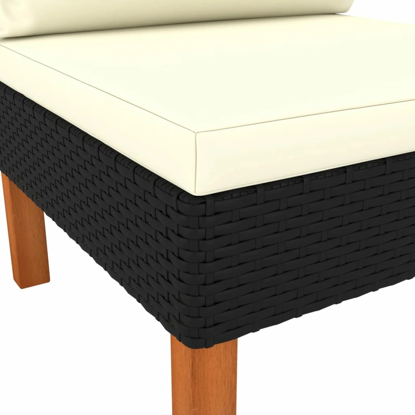 Middle Sofa with Cream White Seat and Back Cushions Black Poly Rattan Eucalyptus Wood Outdoor Sofa F87678