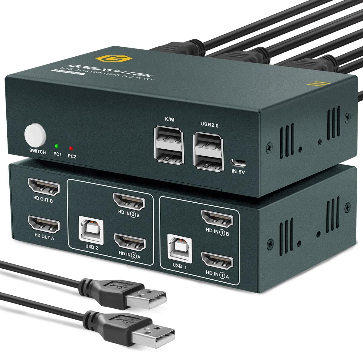 KVM Switch HDMI Dual Monitor 2 Port, 4K@60Hz, 2 USB 2.0 Hub, 4 HDMI Cables, 2 USB Cables C89744
