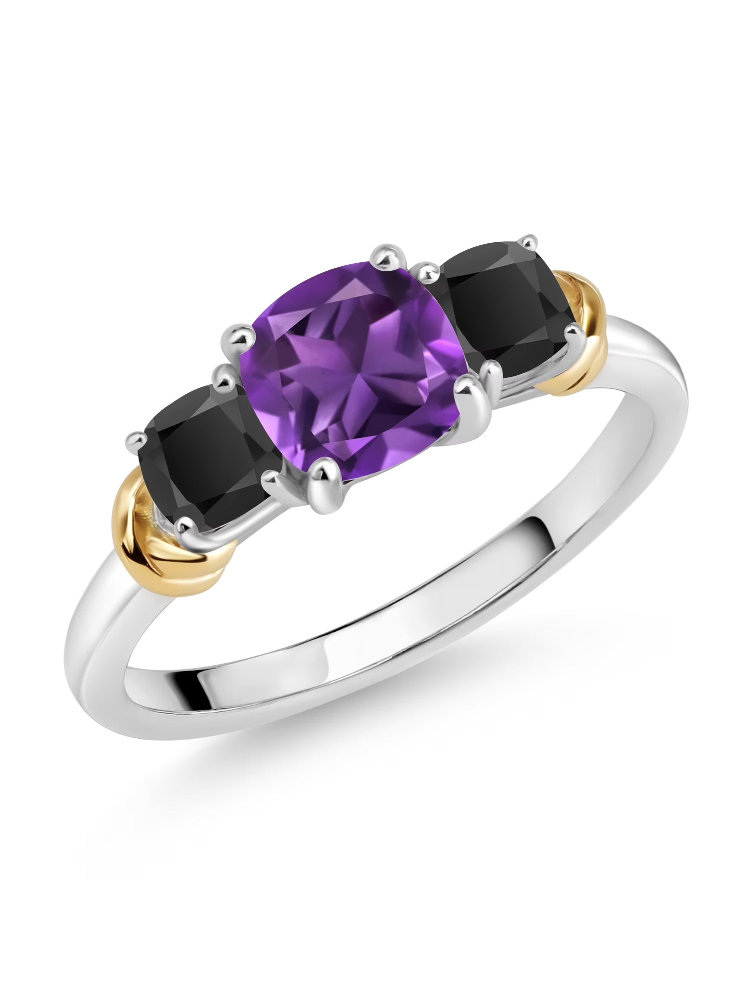 925 Sterling Silver 10K Yellow Gold Purple Amethyst Black Onyx 3 Stone Engagement Ring G926