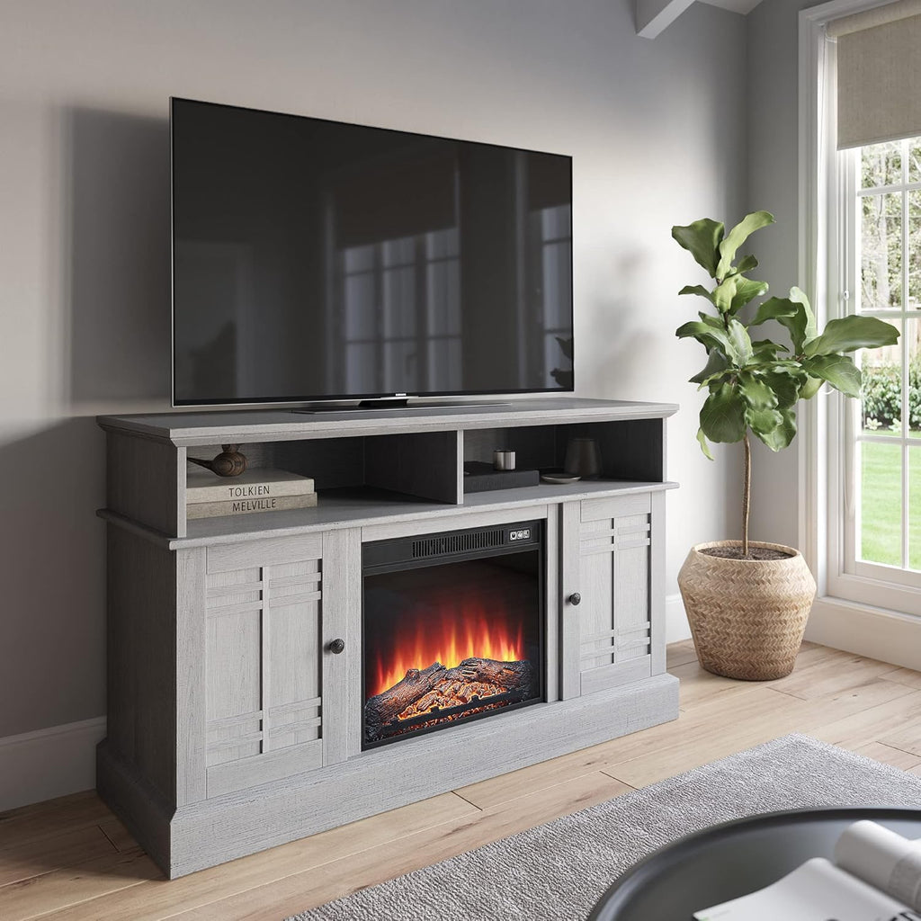 Modern Farmhouse Electric Fireplace TV Stand with Open Storage Shelves & Cabinets U4414