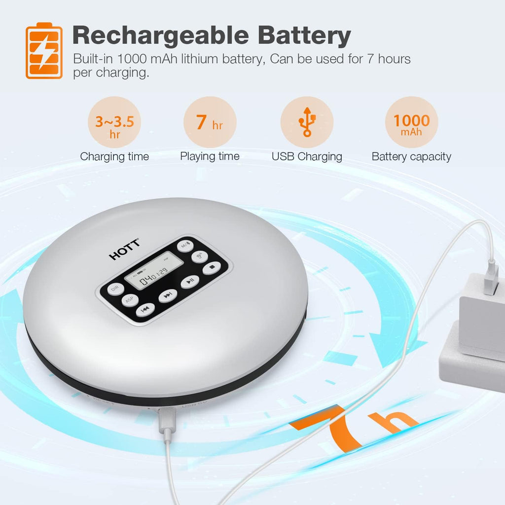 Silver Rechargeable Portable CD Player with Bluetooth V6173
