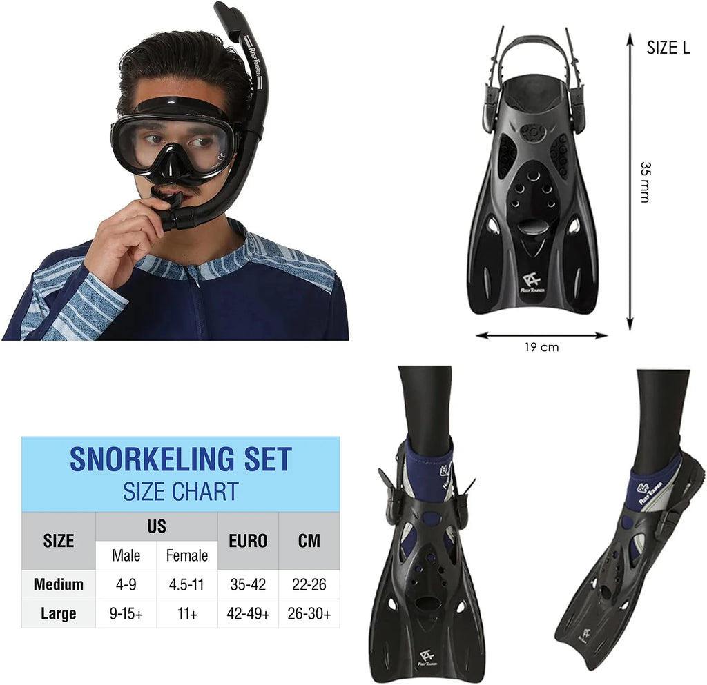 Snorkel and Fin Set with Travel Bag, Black, Medium T10384
