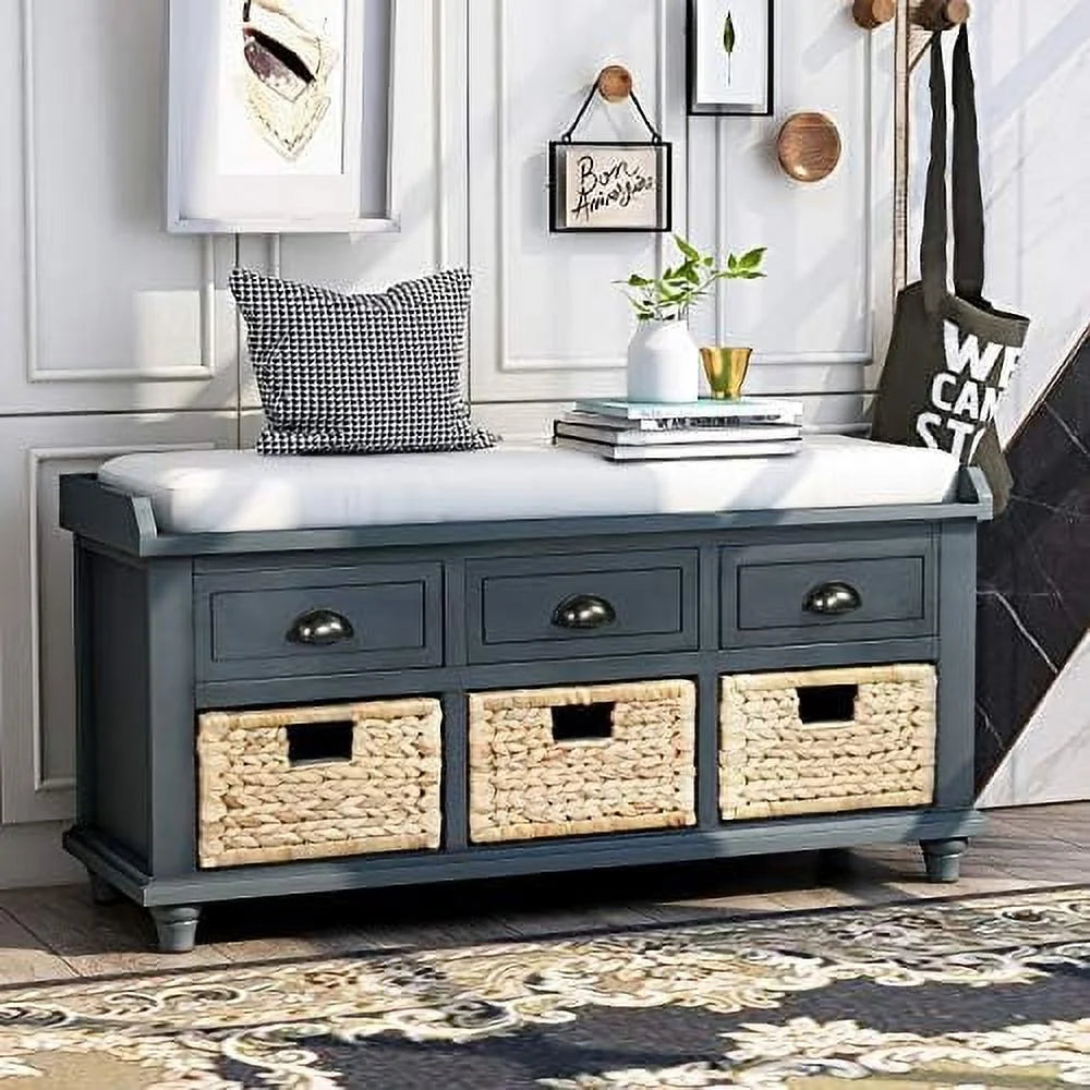 Rustic Bench with 3 Drawers and 3 Rattan Baskets Shoe Bench with Removable Cushion (White) C740