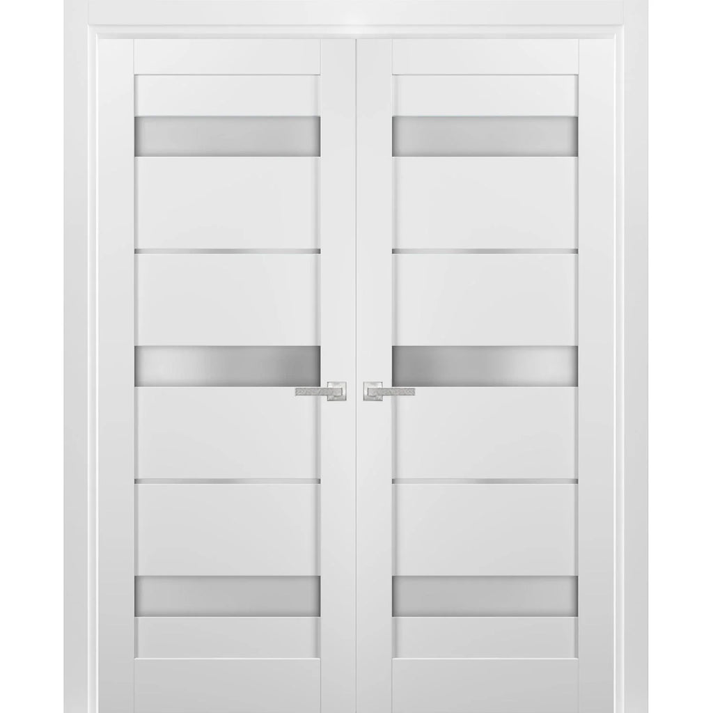 French Double Panel Lite Doors 36 x 80 with Hardware White Silk Frosted Opaque Glass Interior Door M928