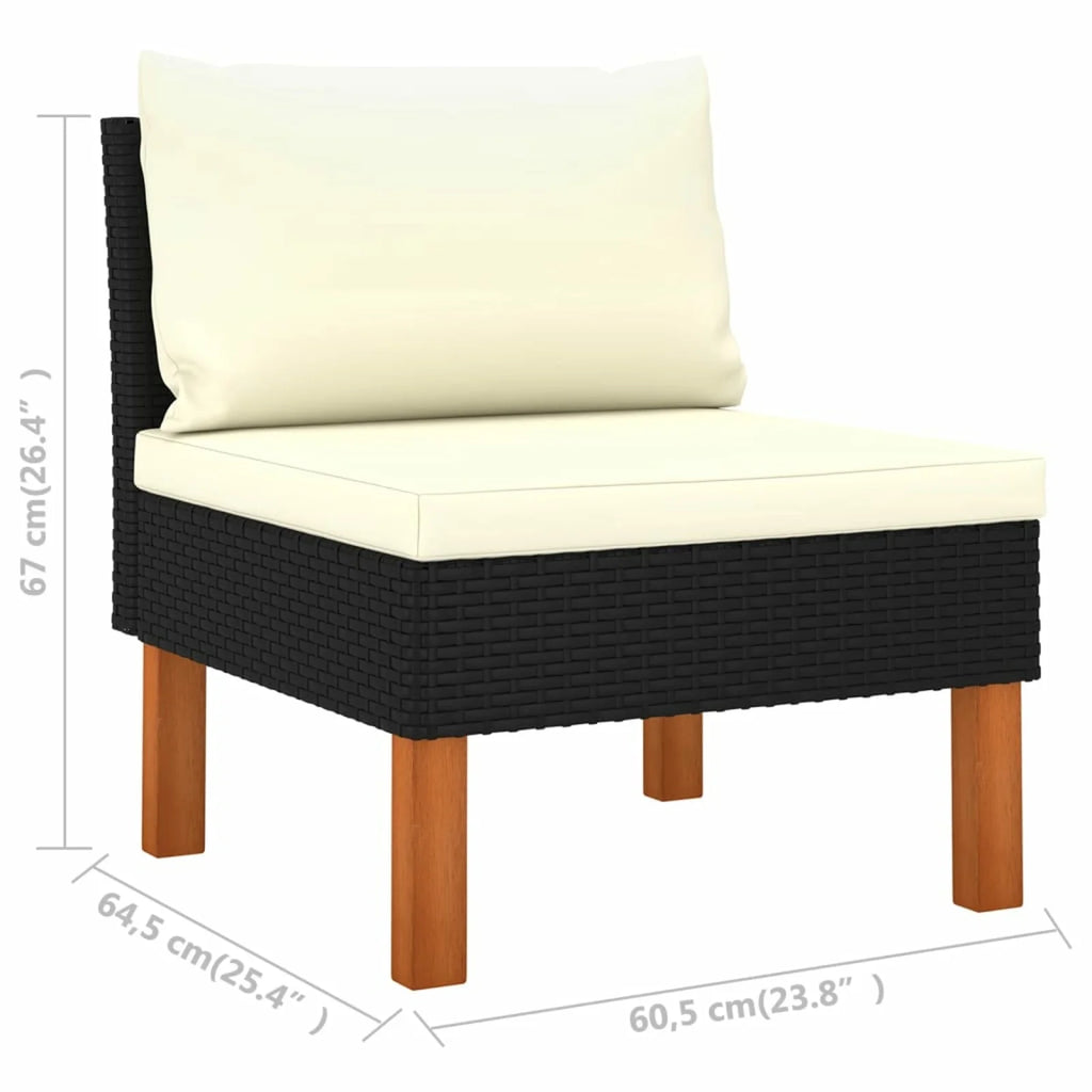 Middle Sofa with Cream White Seat and Back Cushions Black Poly Rattan Eucalyptus Wood Outdoor Sofa F87678