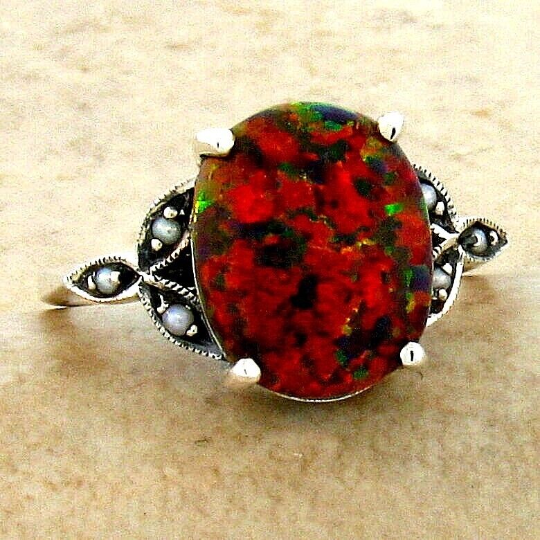 925 Sterling Silver Fire Opal & Pearl Ring Z7295
