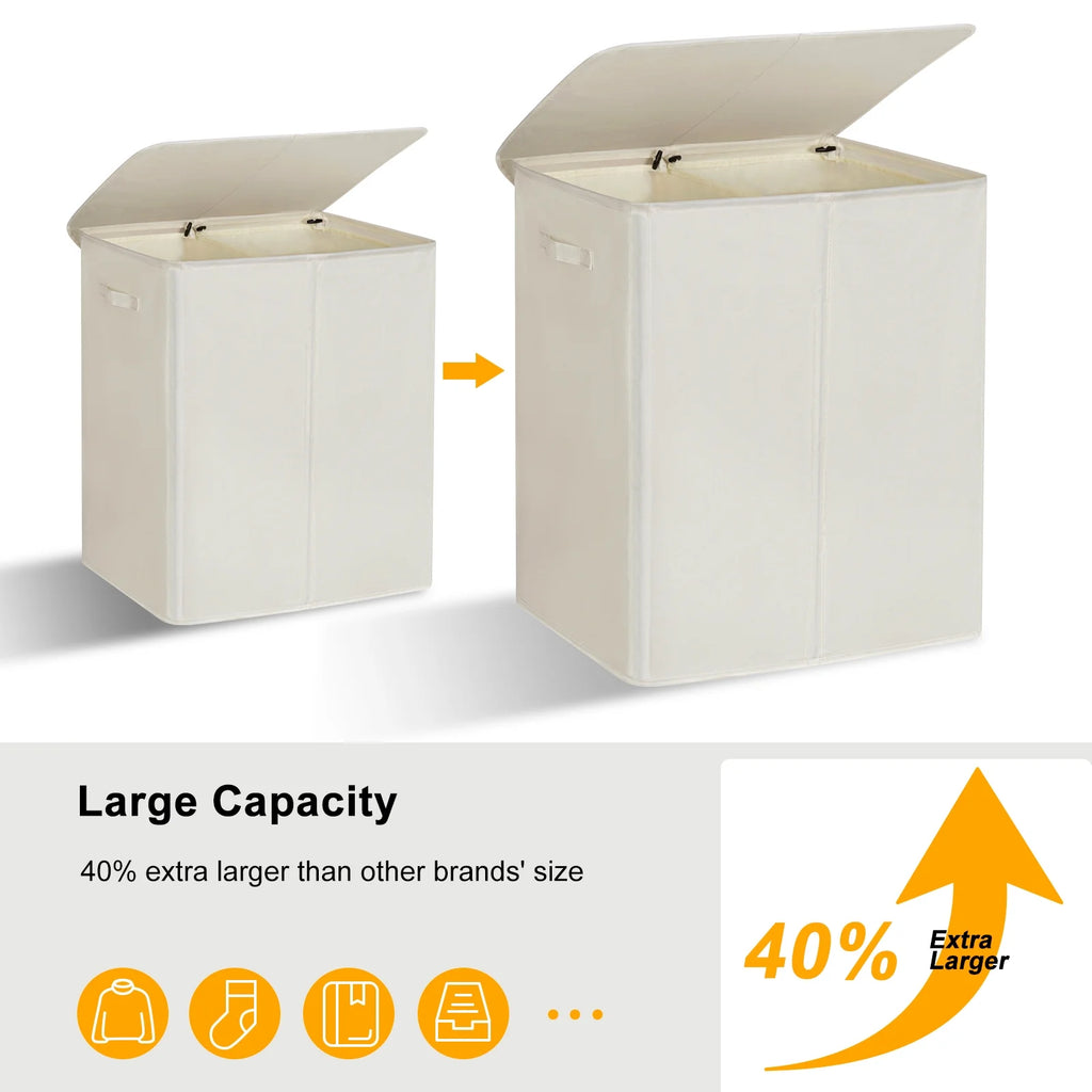 Beige Double Laundry Hamper with Lid and 2 Removable Liner Bags H51593