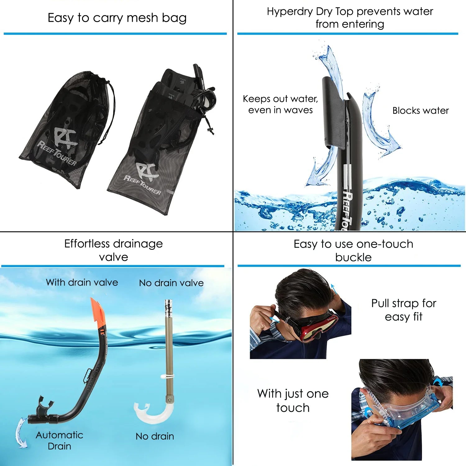 Snorkel and Fin Set with Travel Bag, Black, Medium T10384
