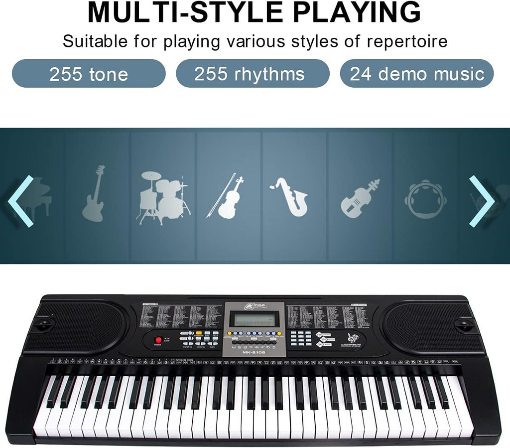 61 Key Digital Piano Portable Electronic Keyboard with Built-In Speaker, Microphone, Music Stand W61204