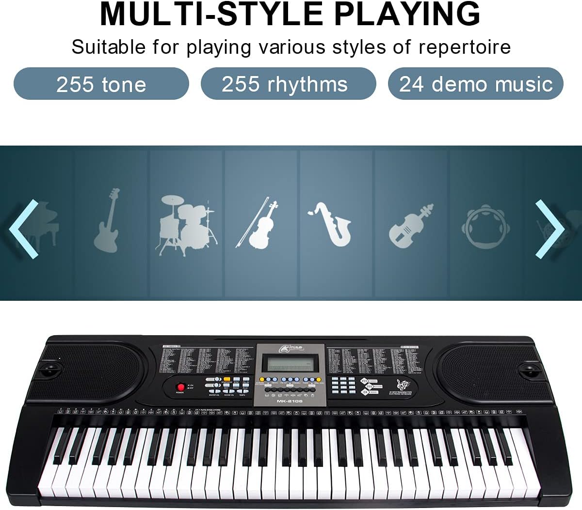 61 Key Digital Piano Portable Electronic Keyboard with Built-In Speaker, Microphone, Music Stand W61204