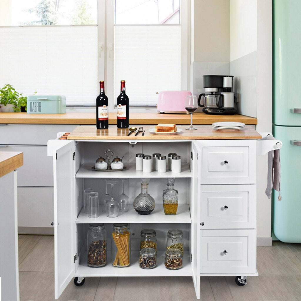 White Drop-Leaf Kitchen Island Trolley Cart Wood Storage Cabinet Q84819