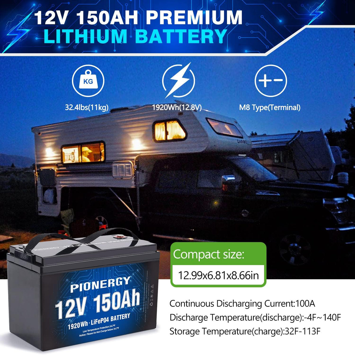 12V 150Ah LiFePO4 Lithium Battery with 100A BMS W3656