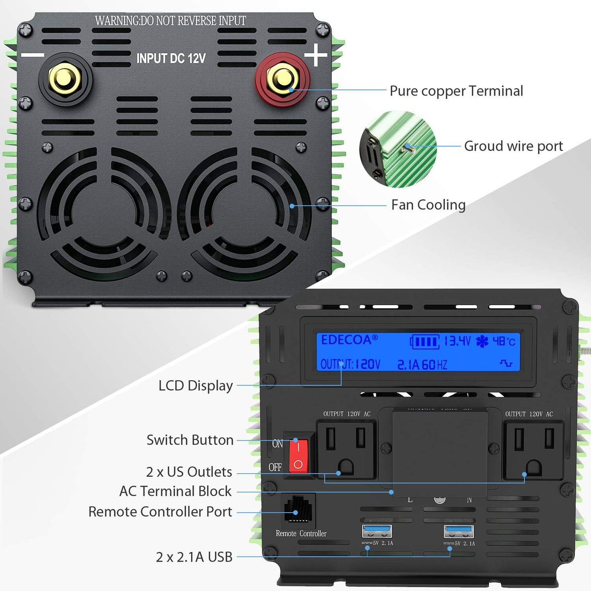 3000 Watt Power Inverter DC 12V to AC 110V 120V with LCD Display and Remote Controller G888739