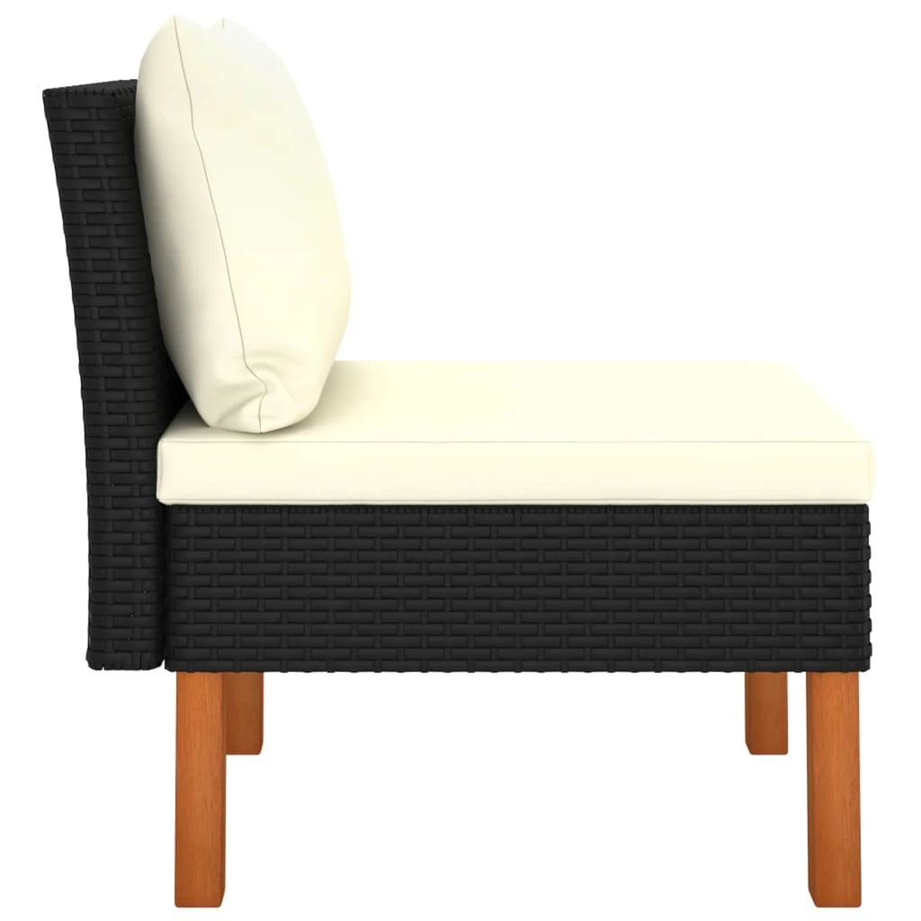 Middle Sofa with Cream White Seat and Back Cushions Black Poly Rattan Eucalyptus Wood Outdoor Sofa F87678