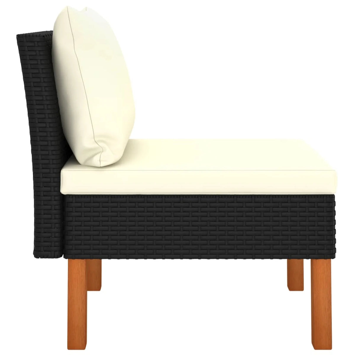 Middle Sofa with Cream White Seat and Back Cushions Black Poly Rattan Eucalyptus Wood Outdoor Sofa F87678