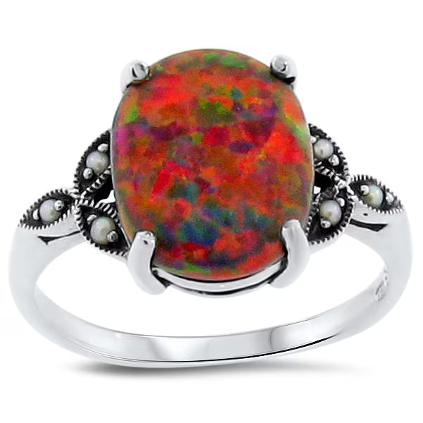 925 Sterling Silver Fire Opal & Pearl Ring Z7295