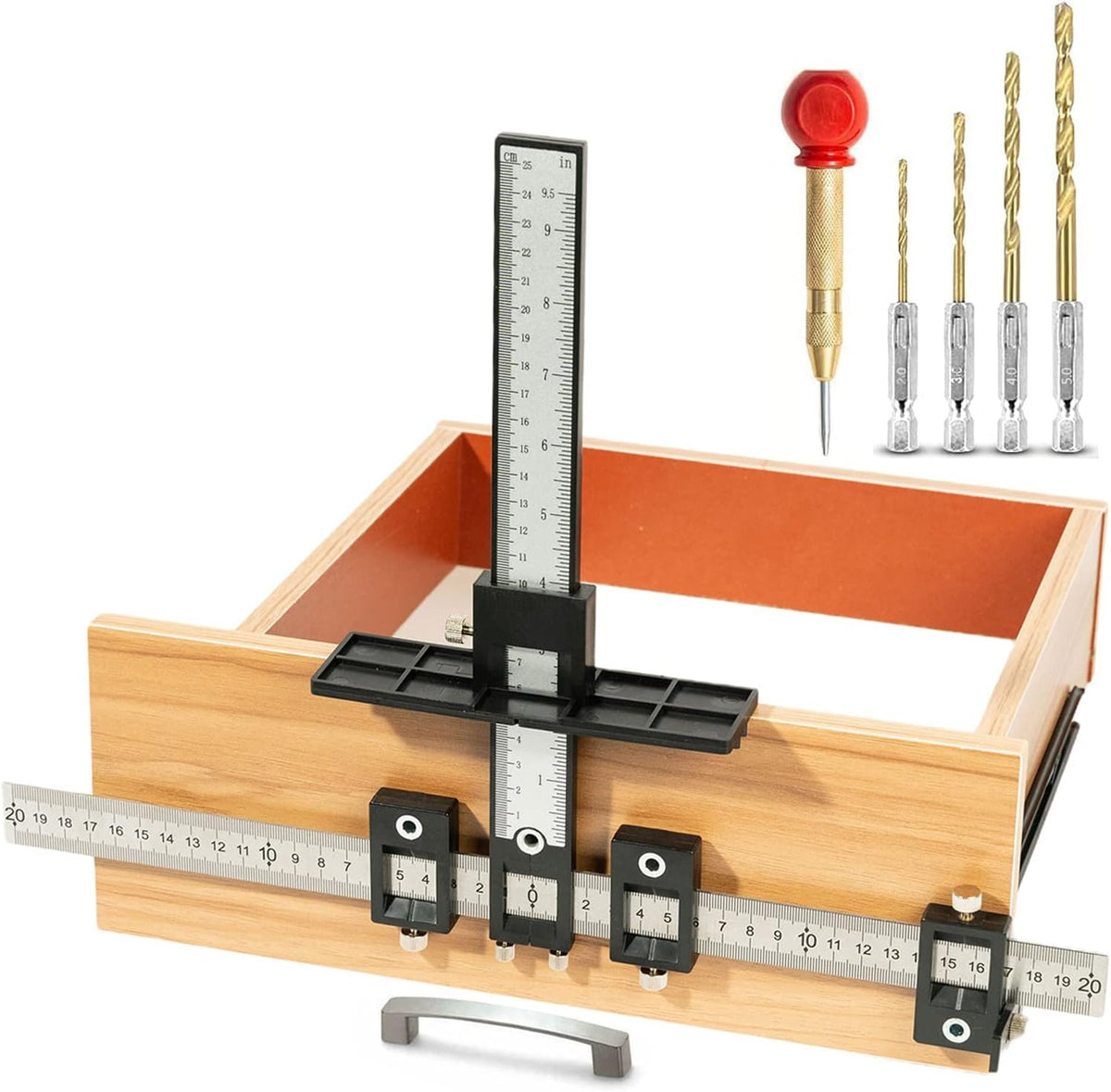 Aluminum Alloy Cabinet Handle Template Tool with Automatic Center Punch and 4 Drill Bits, Pack of 2 O2475