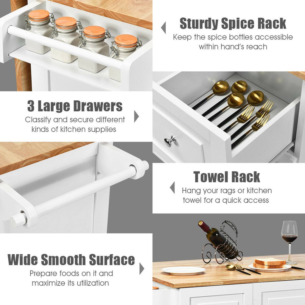 White Drop-Leaf Kitchen Island Trolley Cart Wood Storage Cabinet Q84819