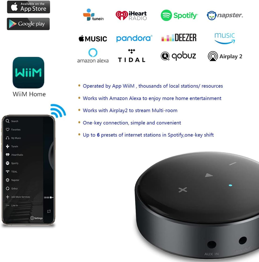 Wiim Mini Airplay 2 Music Streamer WiFi/Bluetooth Wireless Connection, Multiroom/Multizone Stereo Receiver Audio Adapter D8963
