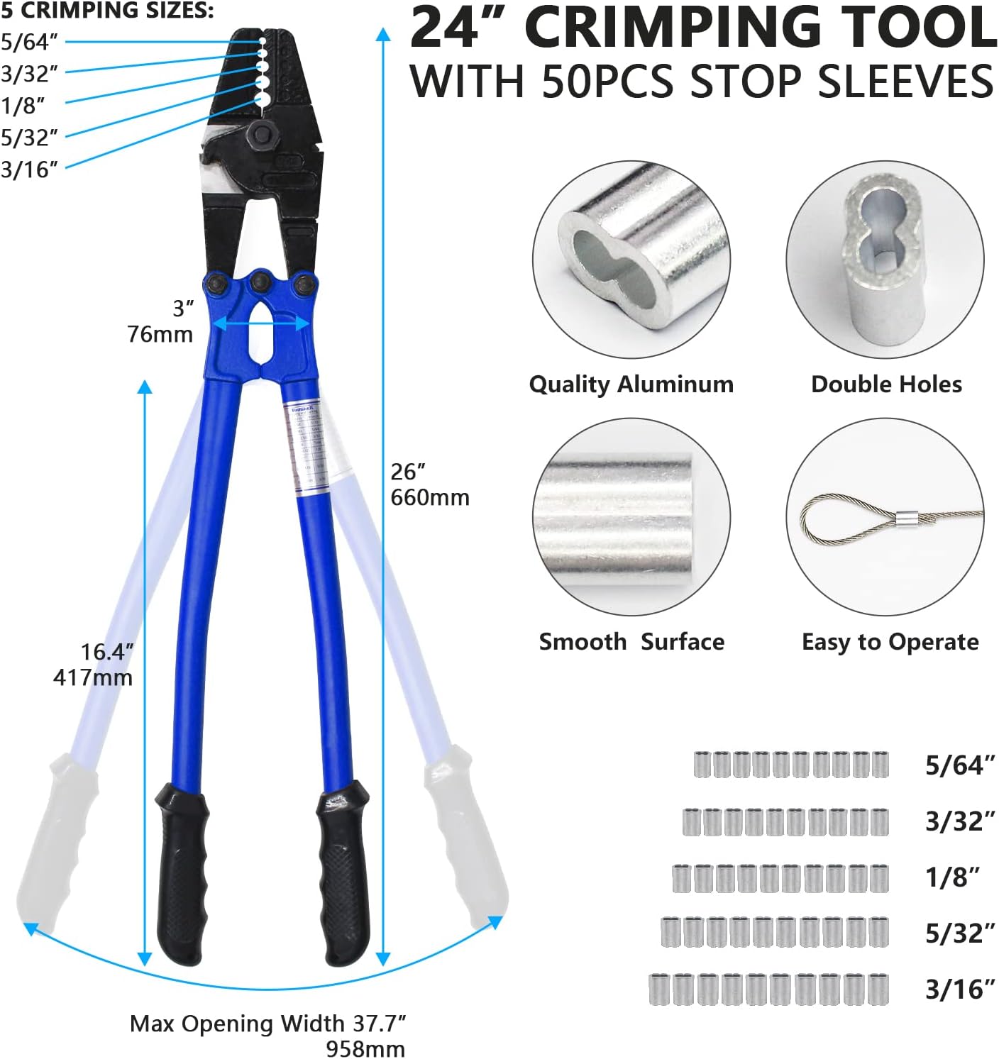 24 Inch Hand Crimping Cutting Tool, Wire Rope Crimping Tool, with 50pc Aluminum Stop Sleeves Oval Sleeves Pack of 2 M985