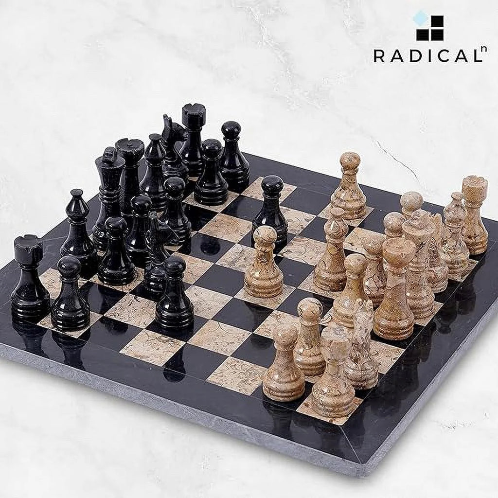 Marble Chess Set 12 Inches Black and Coral Handmade 1 Chess Board & 32 Chess Pieces S9382