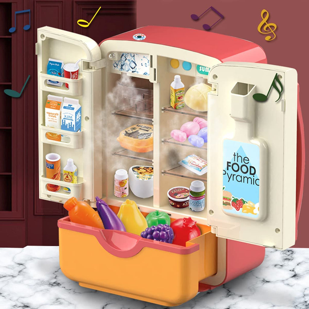 Kids Kitchen Toys Fridge Refrigerator Play Kitchen Set with Accessories Music and Light D541