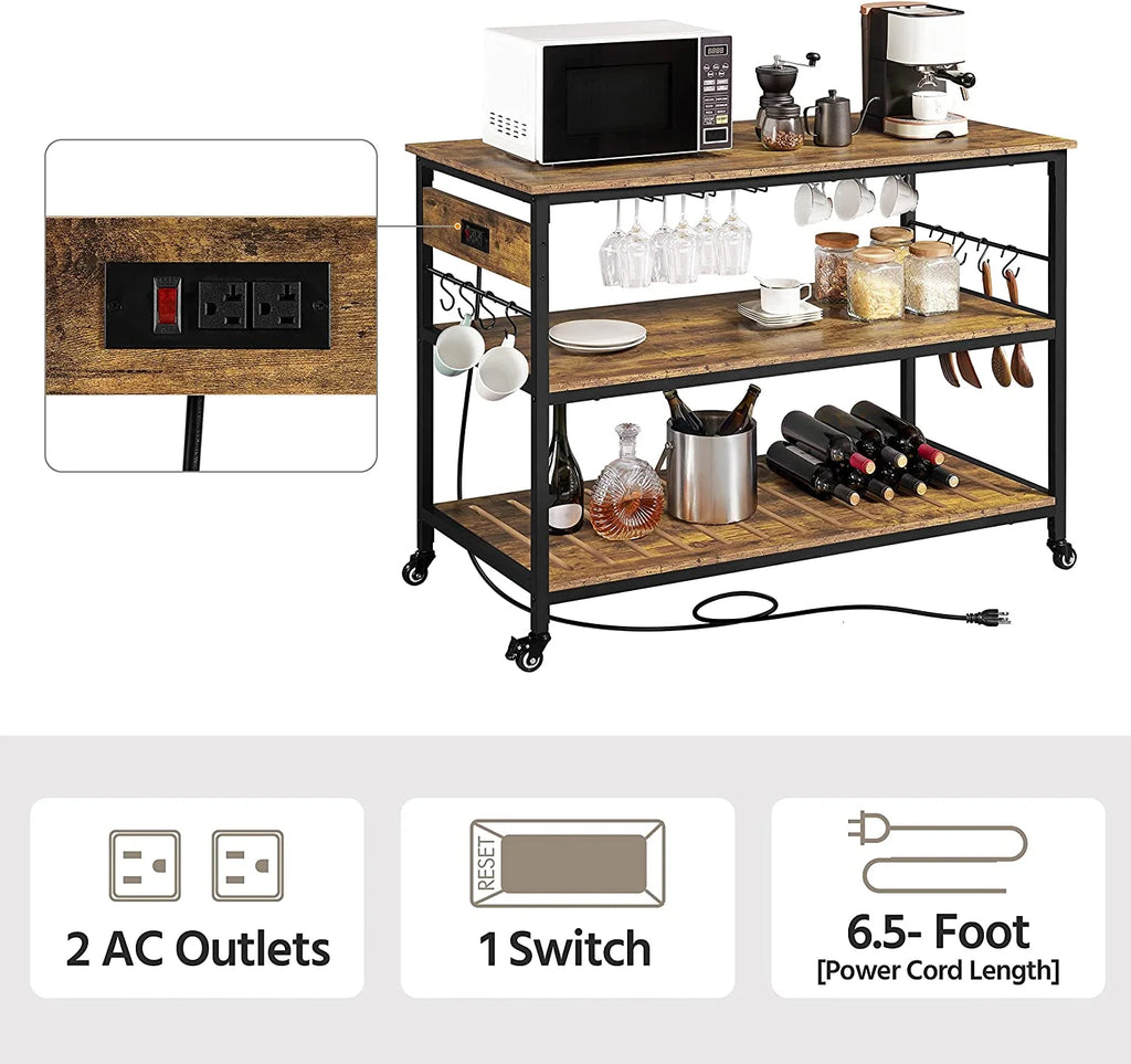 Rustic Brown Rolling Kitchen Cart with Power Outlet V959