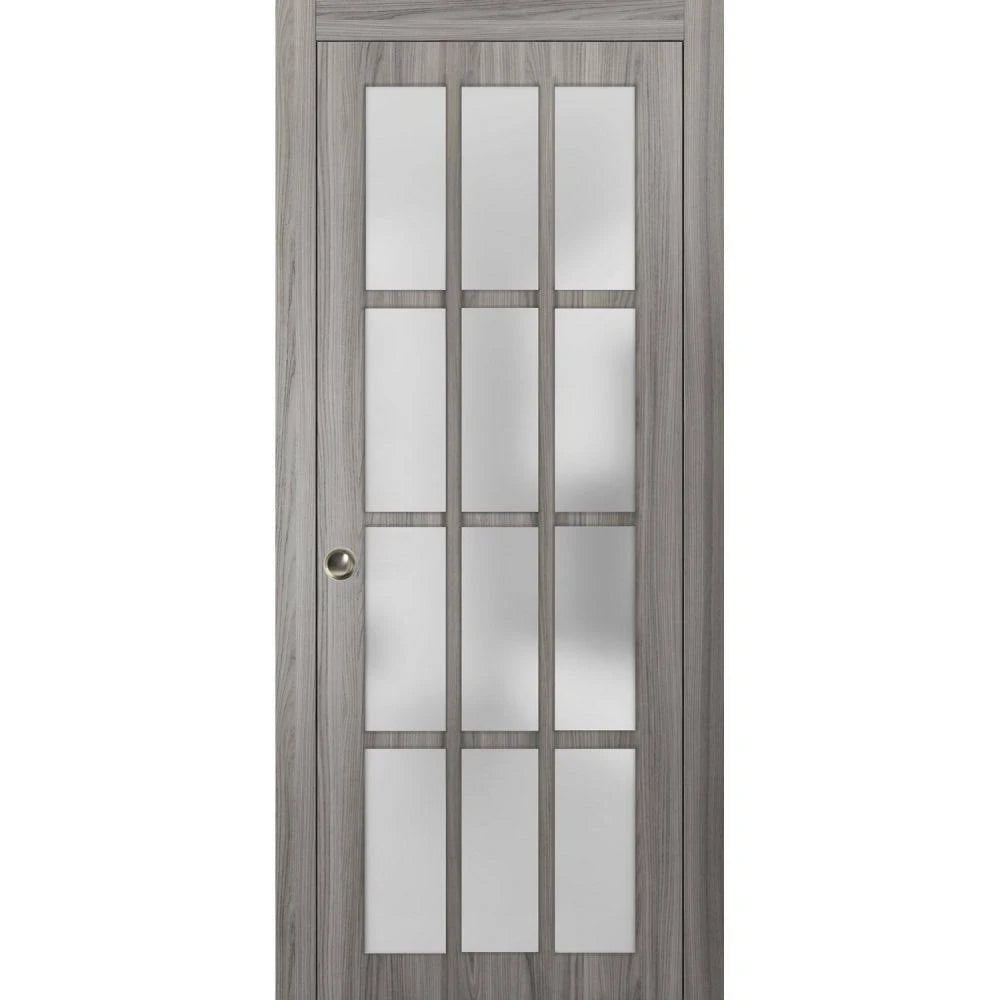Sliding French Pocket Door with Frosted Glass 12 Lites Solid Wood I425