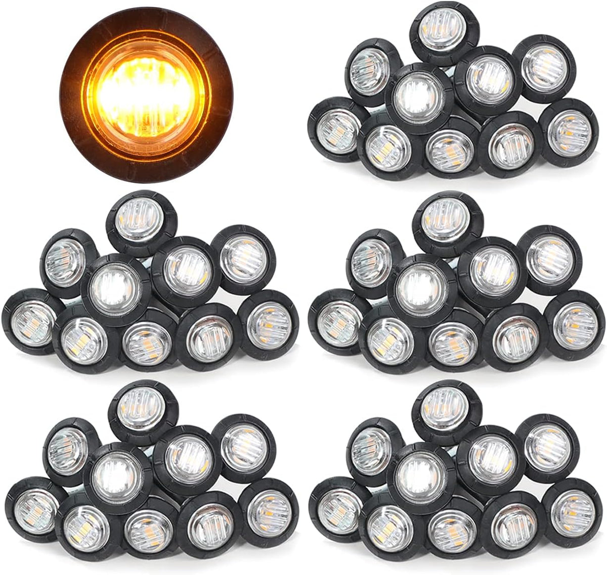 3/4 Inch Amber 3 LED Round Side Marker Indicator Lights (Pack of 50) W969245