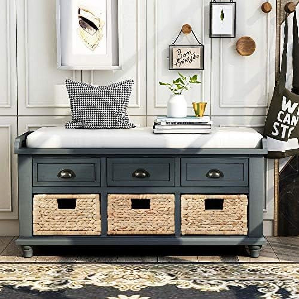 Rustic Bench with 3 Drawers and 3 Rattan Baskets Shoe Bench with Removable Cushion (White) C740
