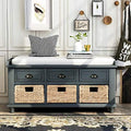 Rustic Bench with 3 Drawers and 3 Rattan Baskets Shoe Bench with Removable Cushion (White) C740
