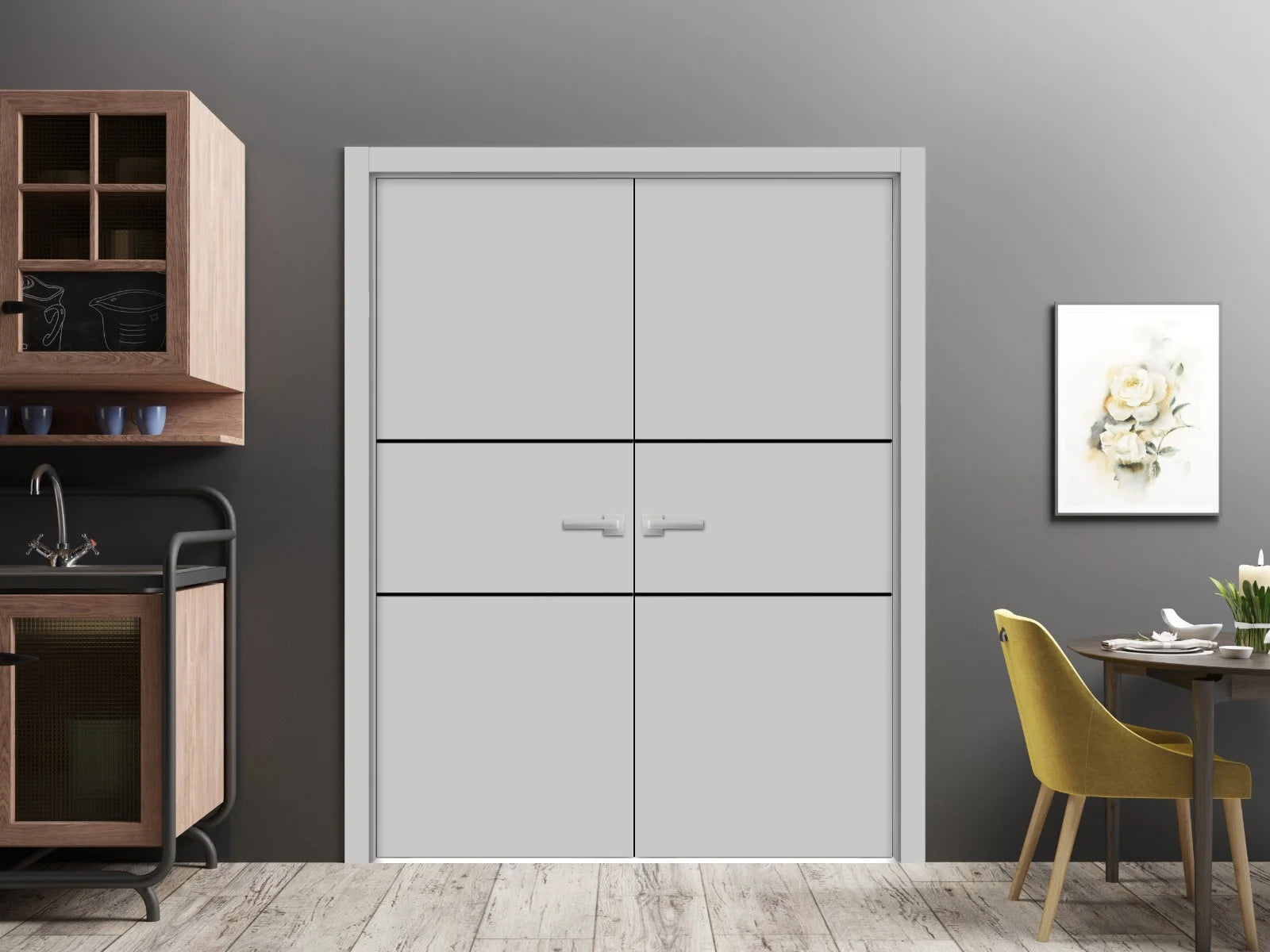 Solid French Double Doors 64 x 84 inches Grey Ash with Frosted Glass Wood Solid Panel Frame Trims D570