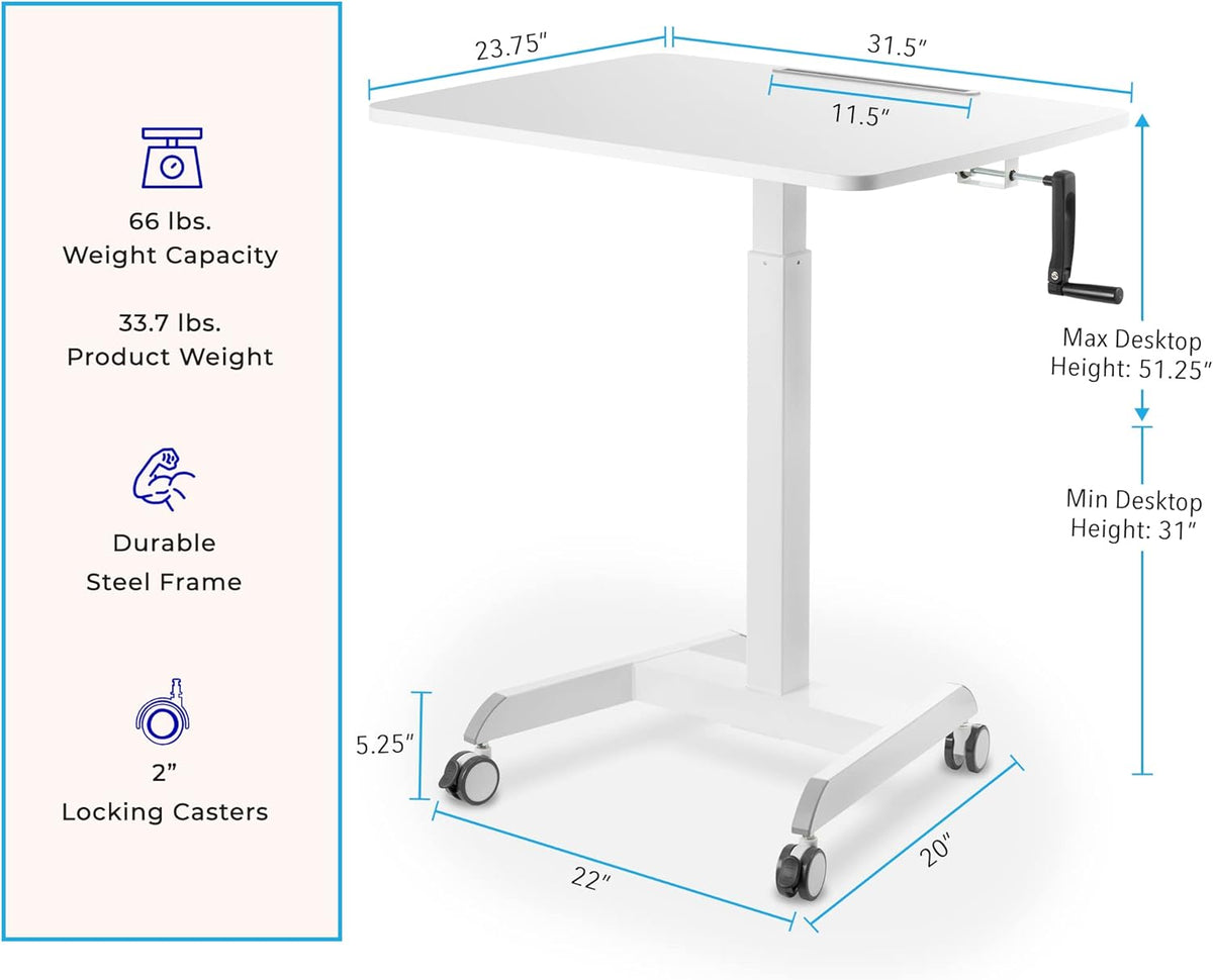 31in White Mobile Standing Desk with Locking Wheels L571