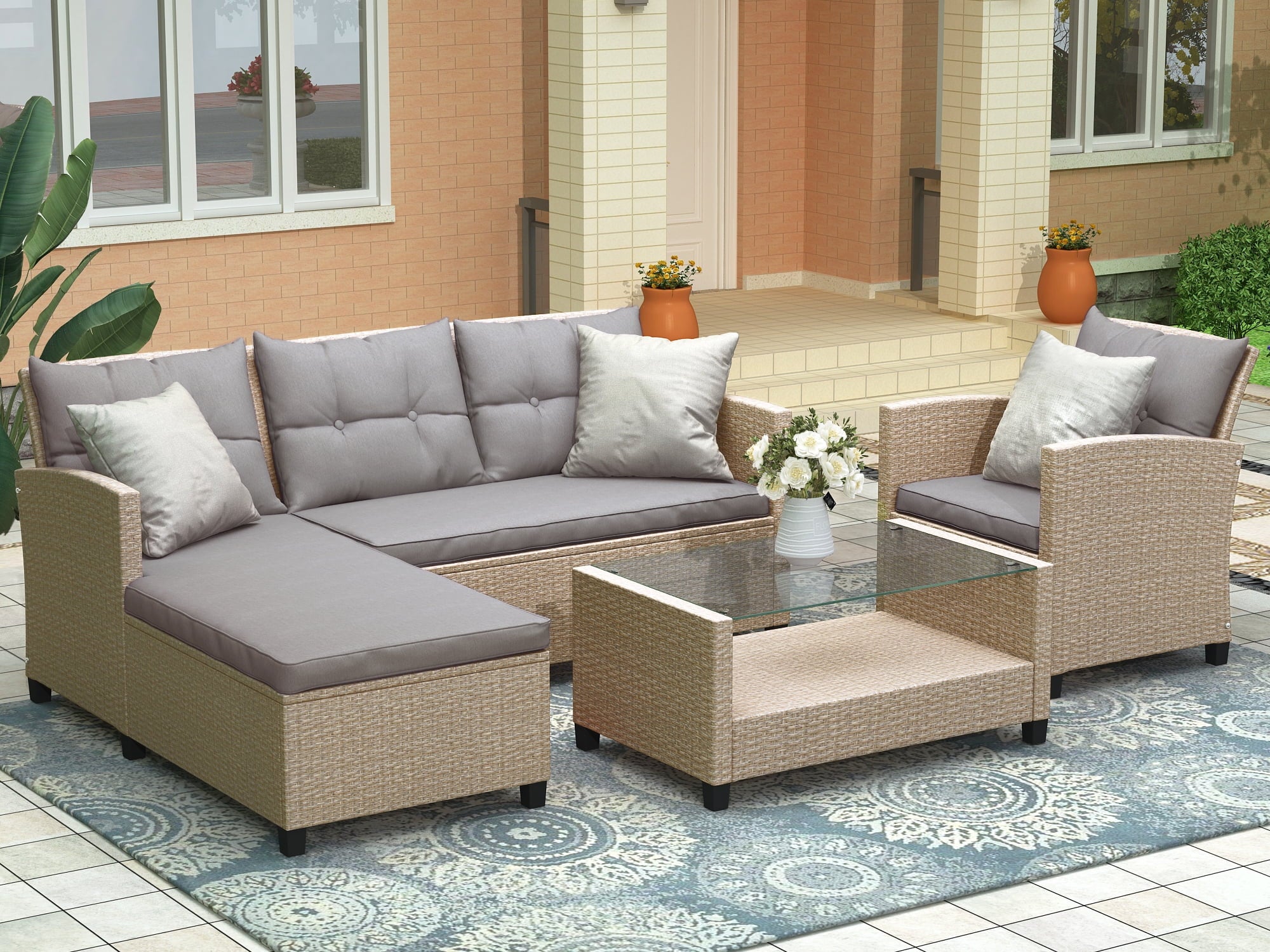 Gray Wicker Sectional Sofa with Seat Cushions P538