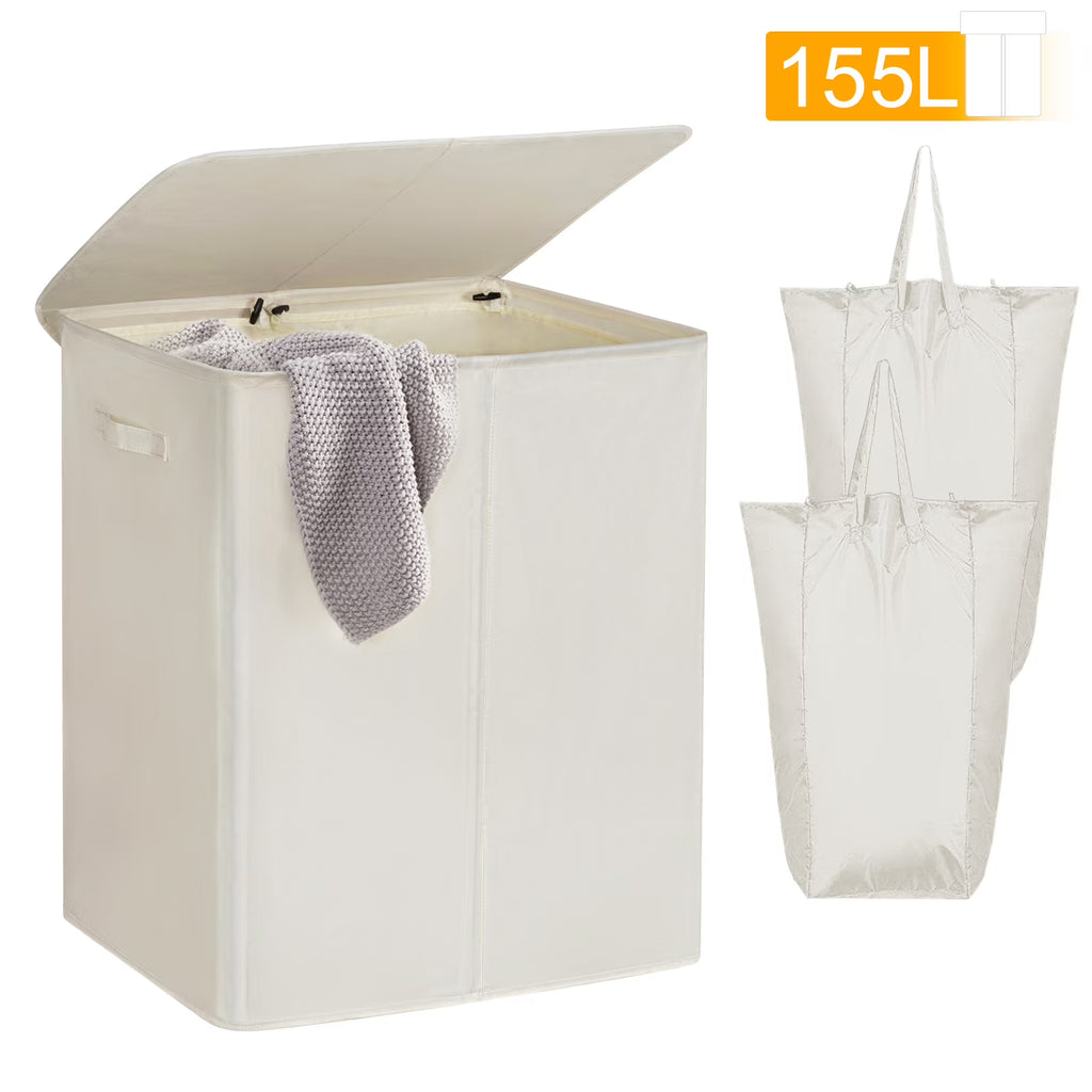 Beige Double Laundry Hamper with Lid and 2 Removable Liner Bags H51593