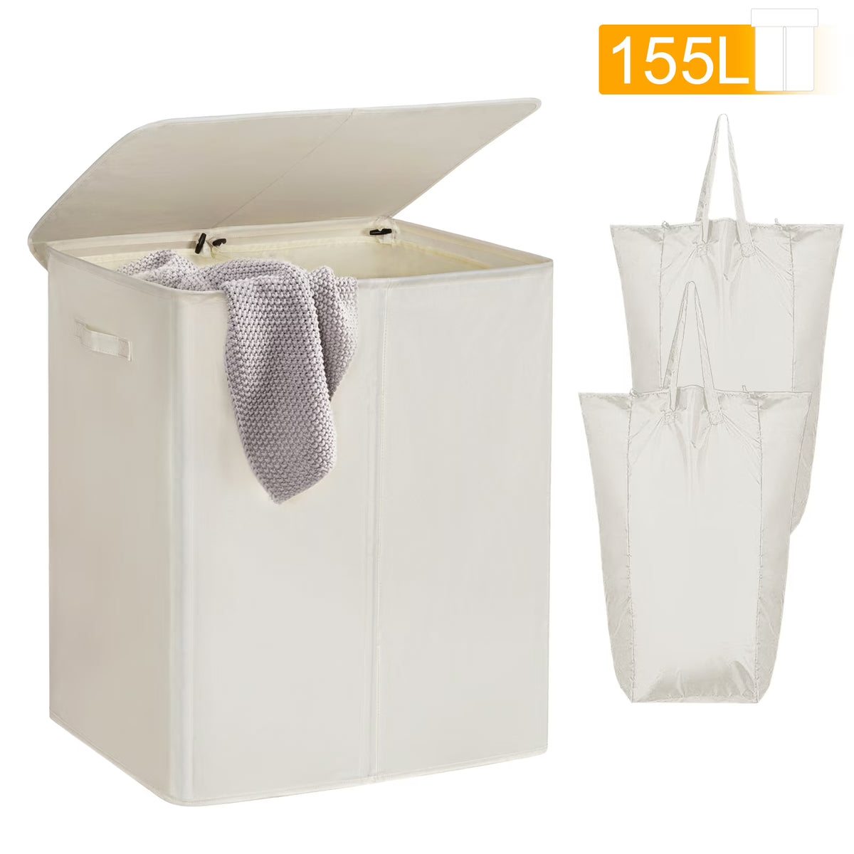 Beige Double Laundry Hamper with Lid and 2 Removable Liner Bags H51593