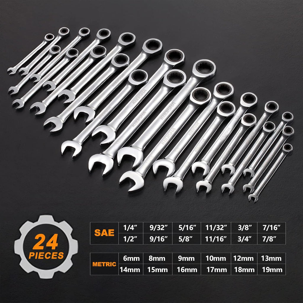 24-Piece Chrome Vanadium Steel Ratcheting Combination Wrench Set with Metric & SAE 72-Tooth X9562