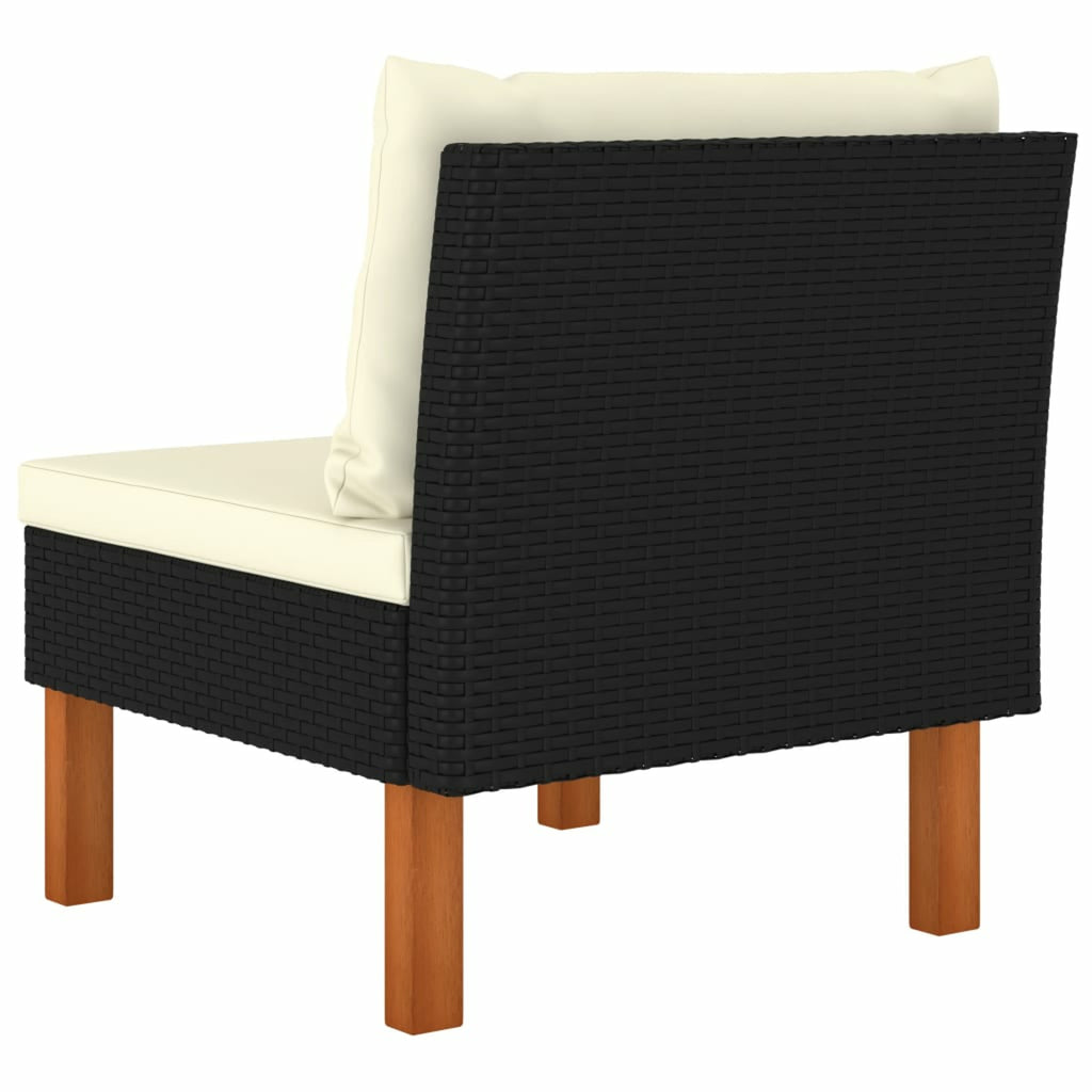 Middle Sofa with Cream White Seat and Back Cushions Black Poly Rattan Eucalyptus Wood Outdoor Sofa F87678