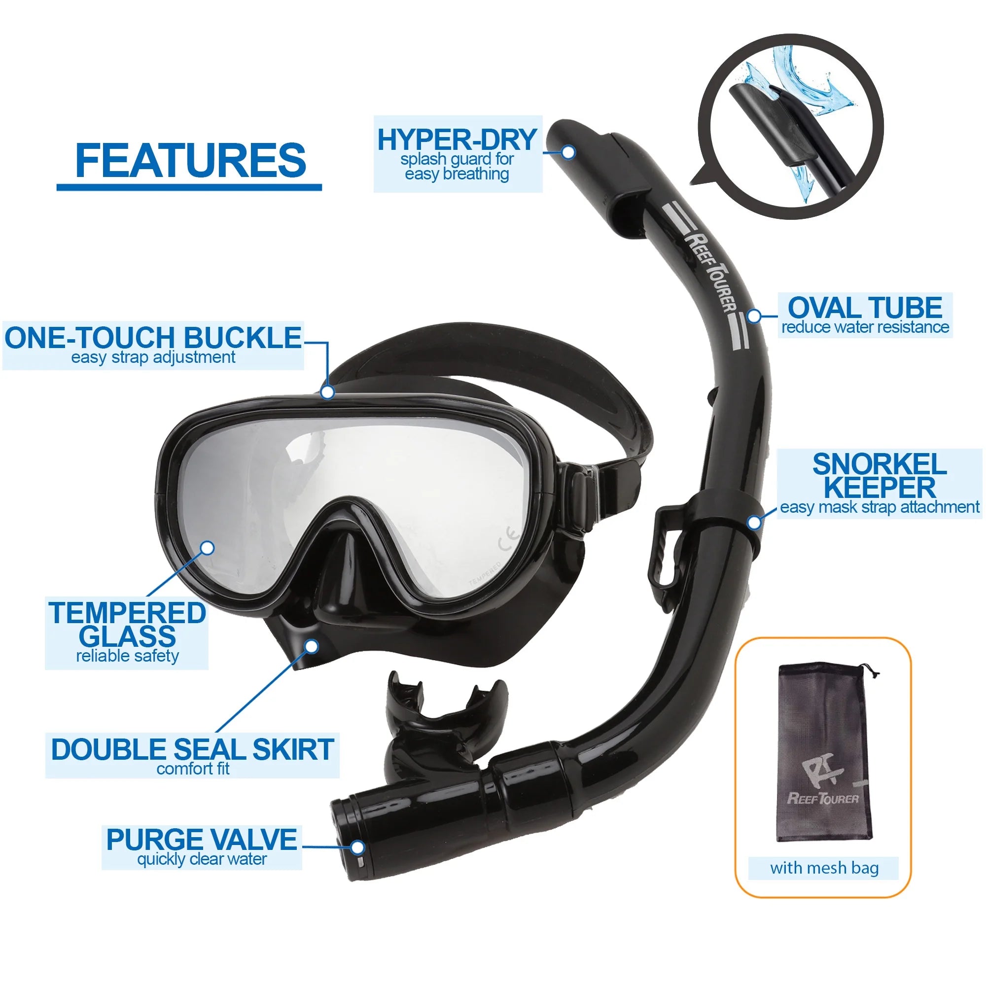 Snorkel and Fin Set with Travel Bag, Black, Medium T10384