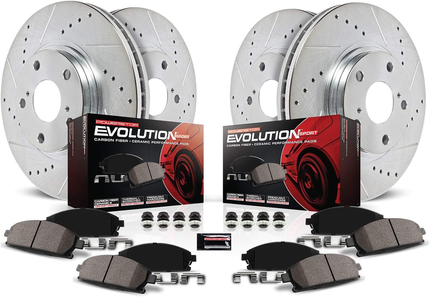Front and Rear Carbon Fiber Brake Pads with Drilled & Slotted Brake Rotors Kit E87569