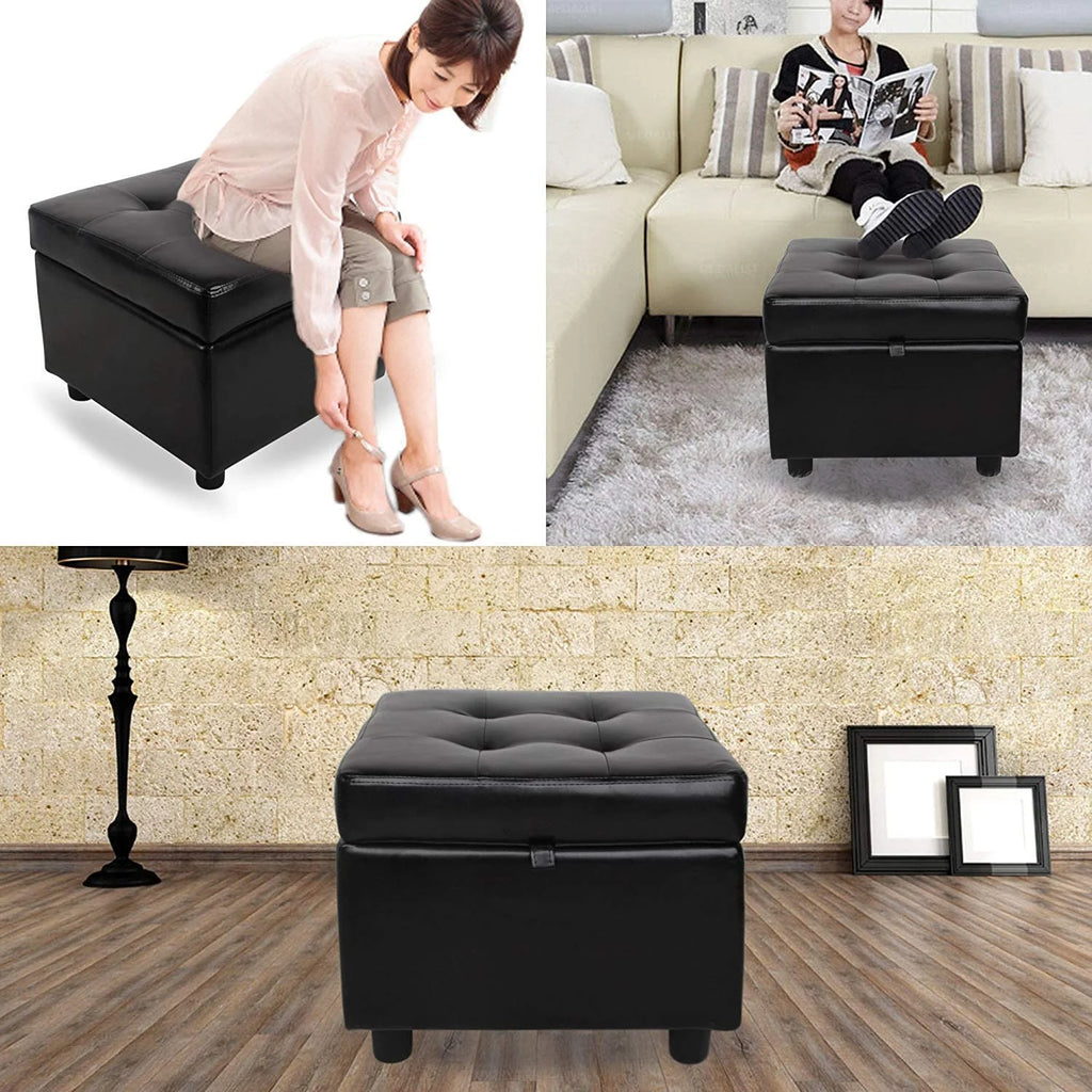 Black Tufted Leather Storage Ottoman Cube Foot Rest H86762