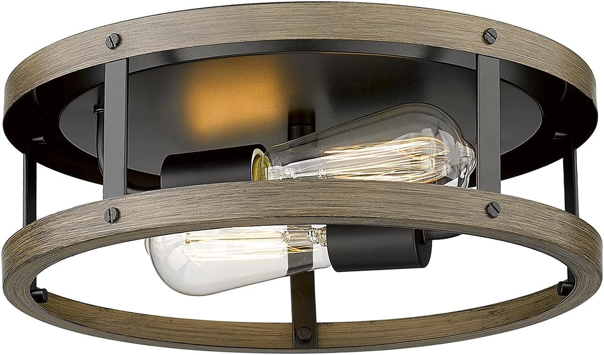 Farmhouse Semi Flush Mount Ceiling Lighting, 2-Light Industrial Metal Cage Ceiling Light, 12.9 inches, Wood and Matte Black Finish K247
