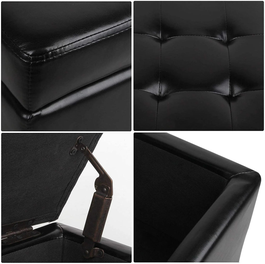 Black Tufted Leather Storage Ottoman Cube Foot Rest H86762