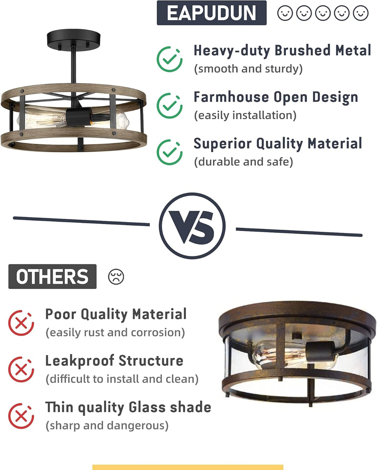 Farmhouse Semi Flush Mount Ceiling Lighting, 2-Light Industrial Metal Cage Ceiling Light, 12.9 inches, Wood and Matte Black Finish K247
