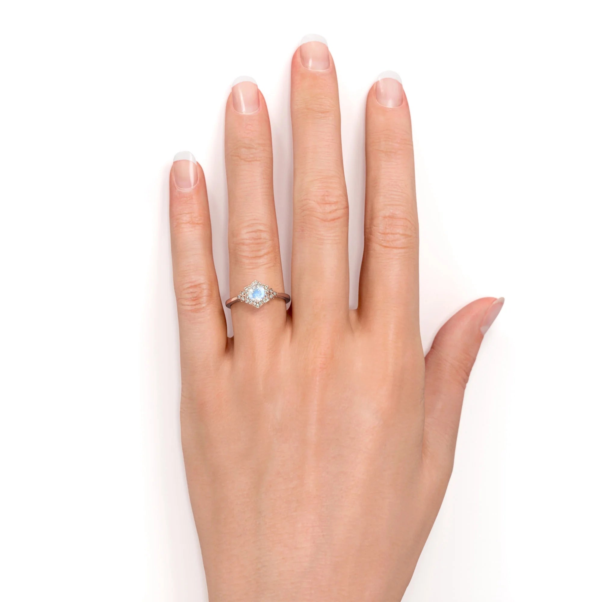 18k Rose Gold over Silver Blue Moonstone and Moissanite Engagement Ring I506586