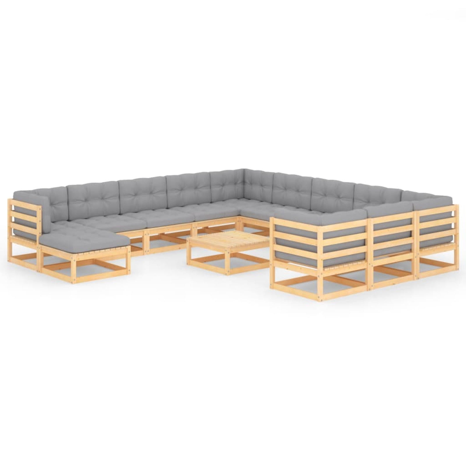13 Piece Gray Cushioned Pinewood Sectional Outdoor Furniture Set H1667